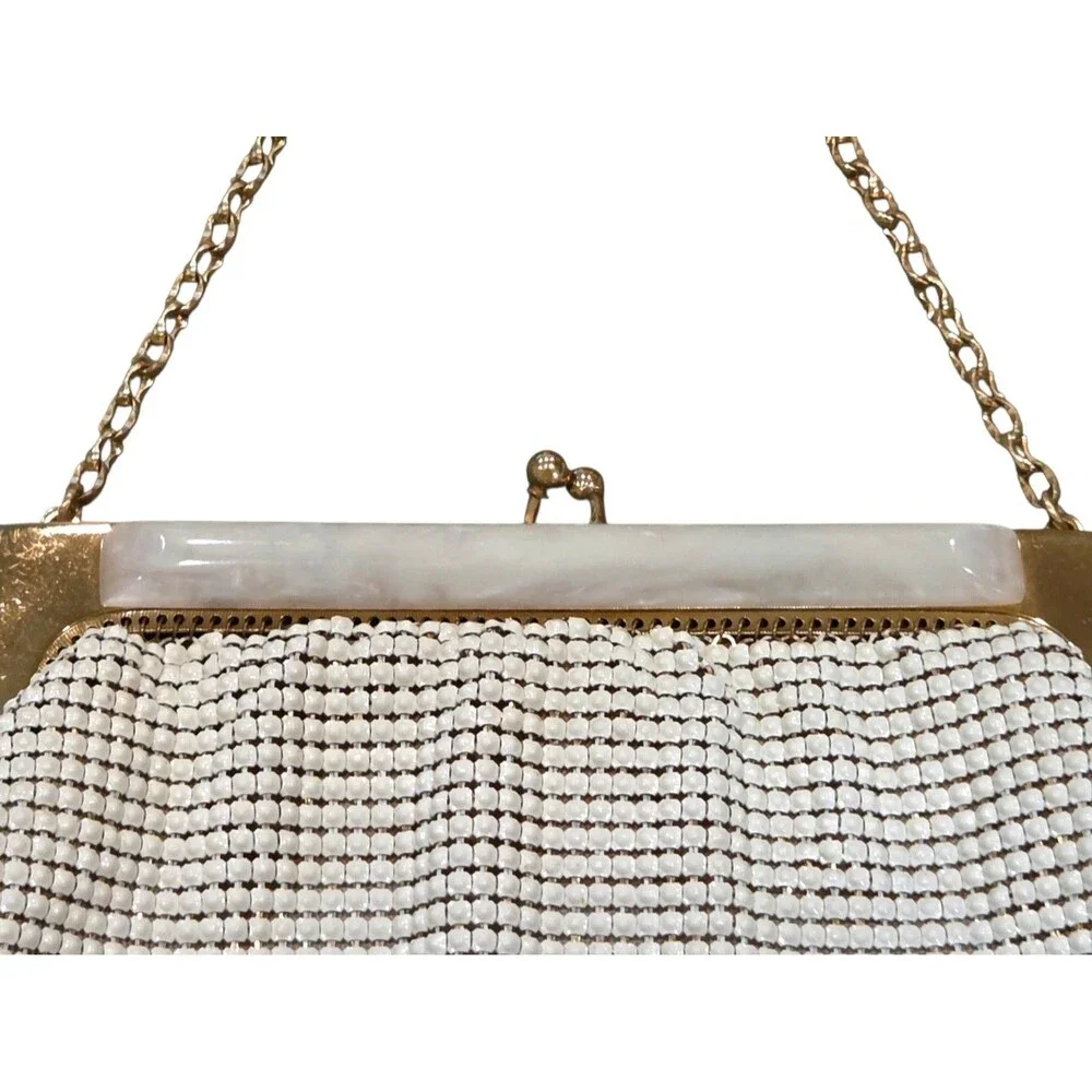 Vintage 40s-50s Whiting and Davis MCM White Enamel Metal Mesh Evening Bag